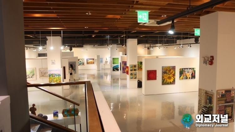 Various works on display at the World Peace Art Exhibition hall.