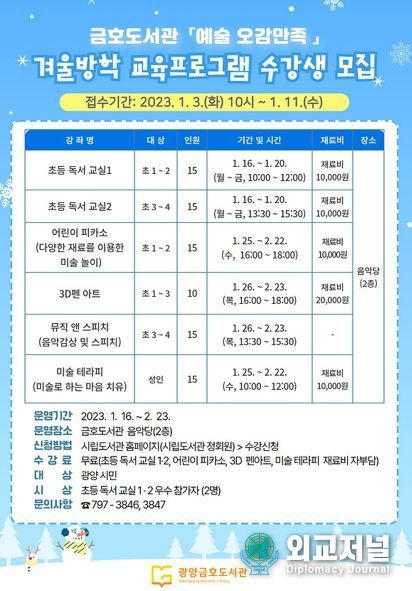 광양금호도서관, 겨울방학 ‘예술 오감만족’ 프로그램 운영